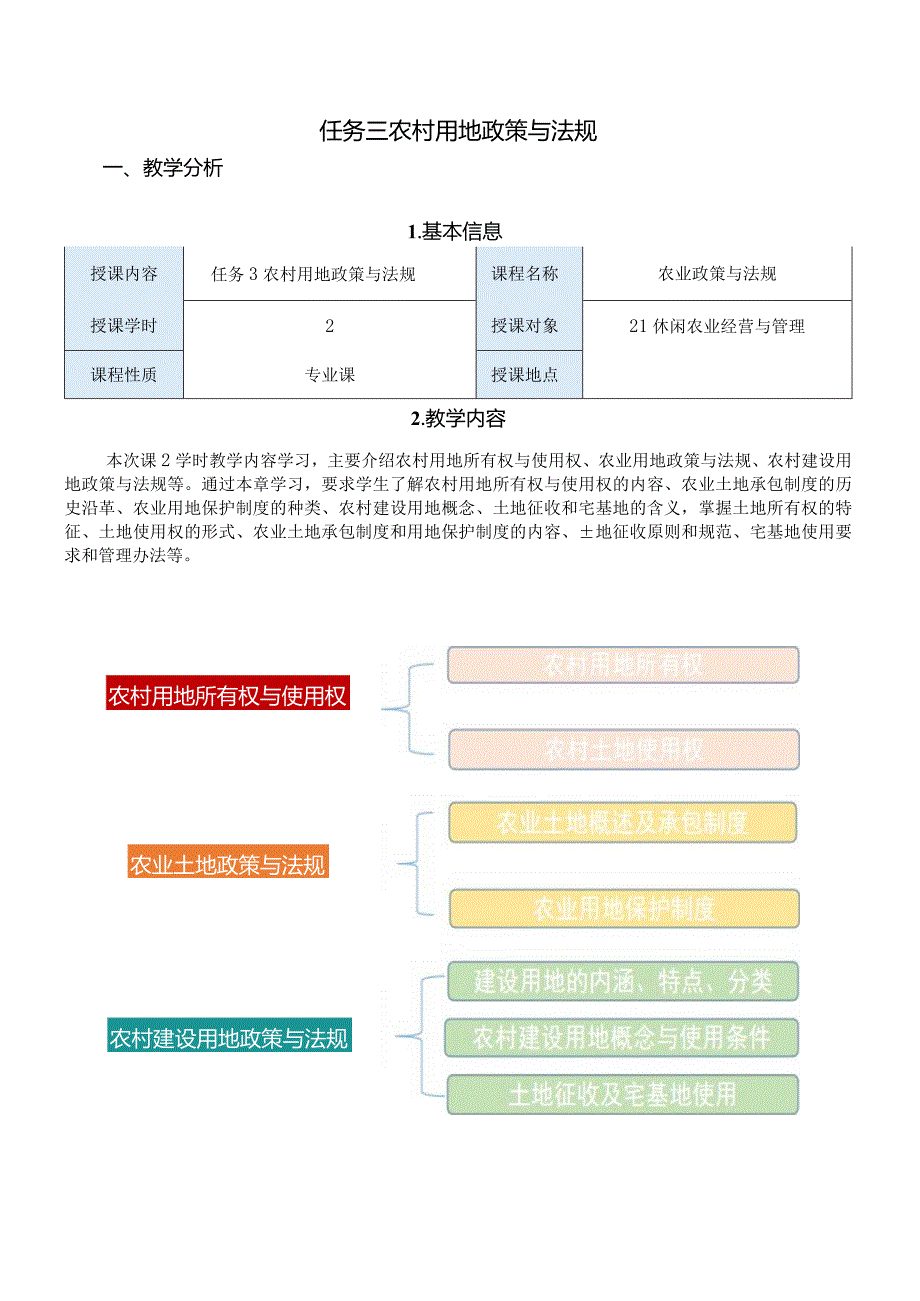 农业政策与法规任务三教案：农村用地政策与法规.docx_第1页