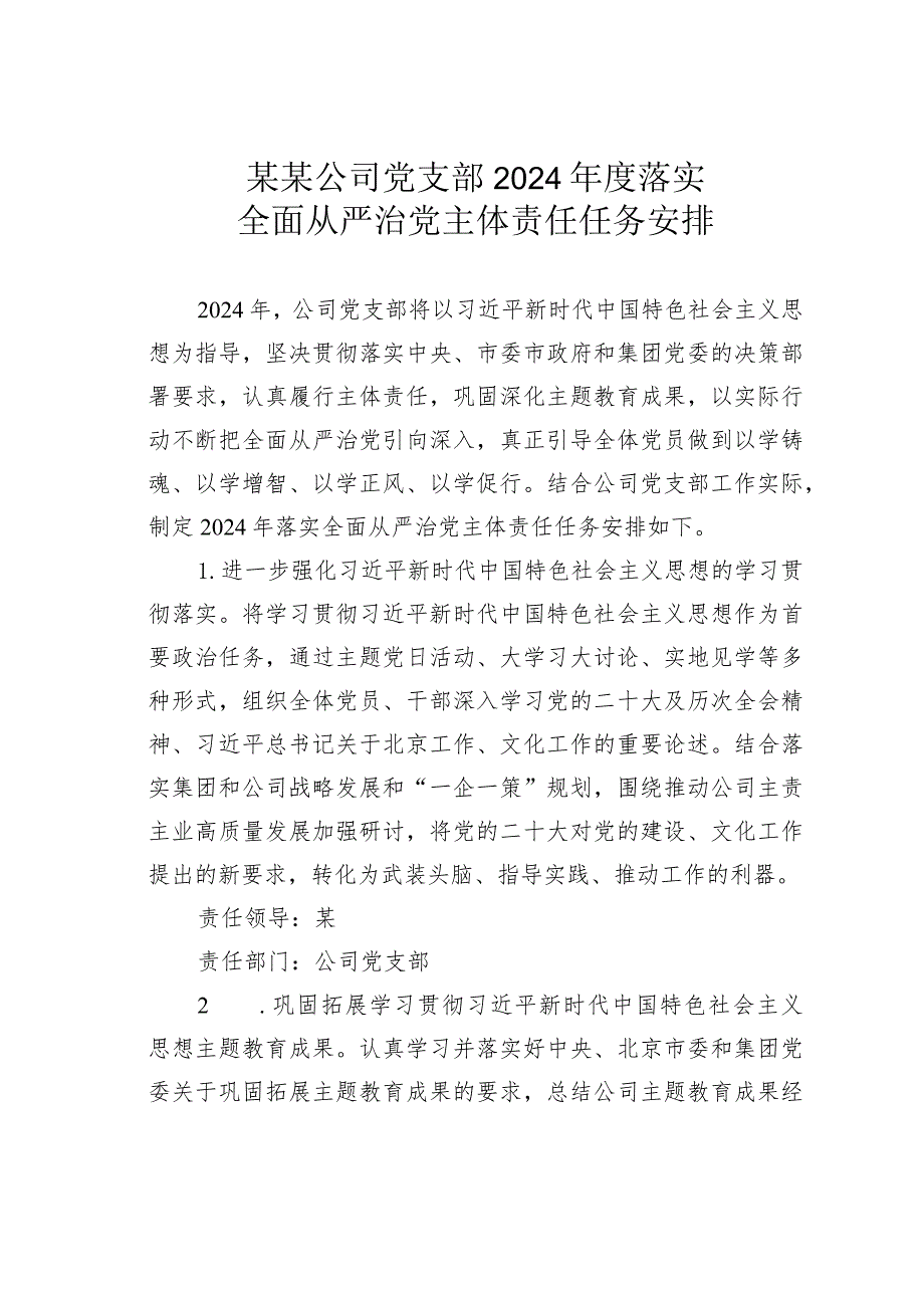 某某公司党支部2024年度落实全面从严治党主体责任任务安排.docx_第1页