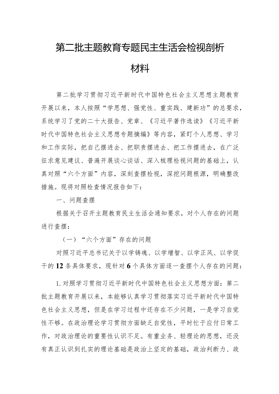 第二批主题教育专题民主生活会检视剖析材料（新六个方面）.docx_第1页