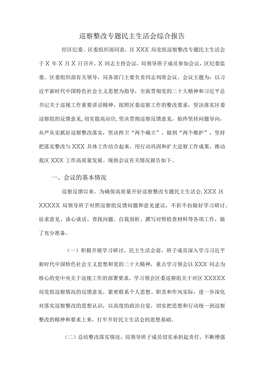 巡察整改专题民主生活会综合报告.docx_第1页