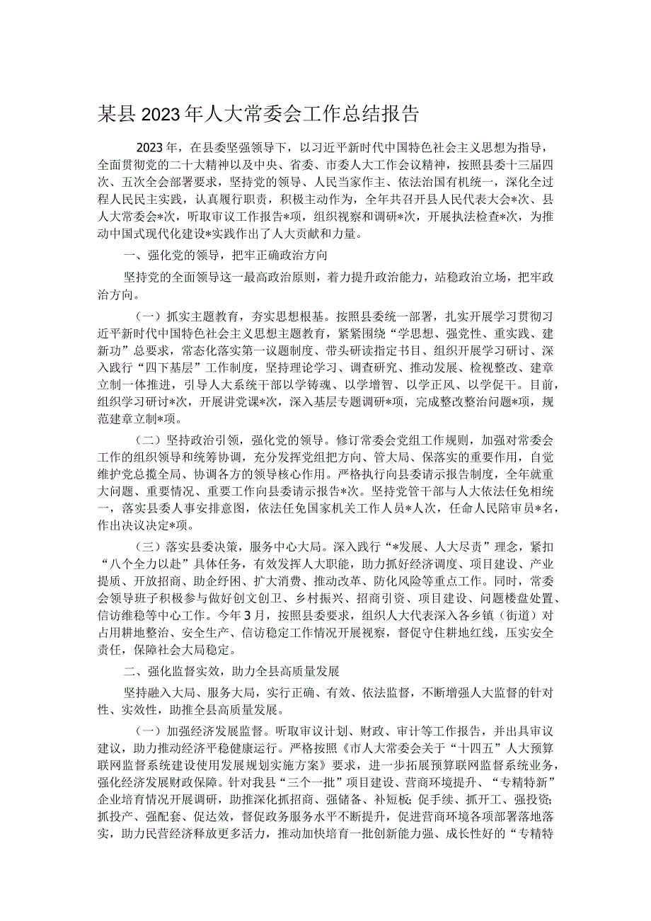 某县2023年人大常委会工作总结报告.docx_第1页