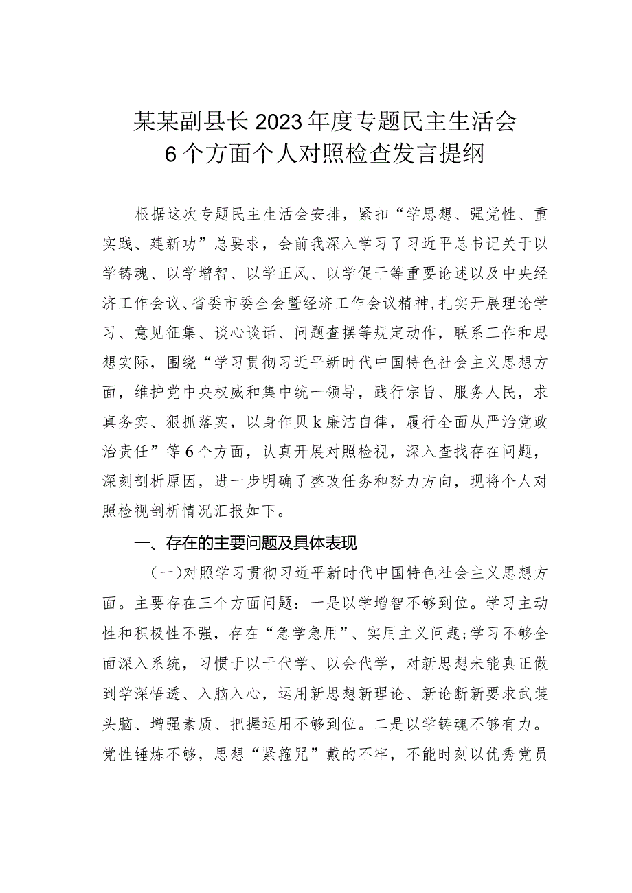 某某副县长2023年度专题民主生活会6个方面个人对照检查发言提纲.docx_第1页