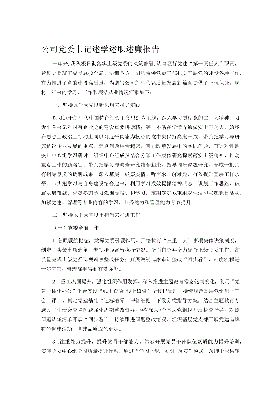 公司党委书记述学述职述廉报告.docx_第1页