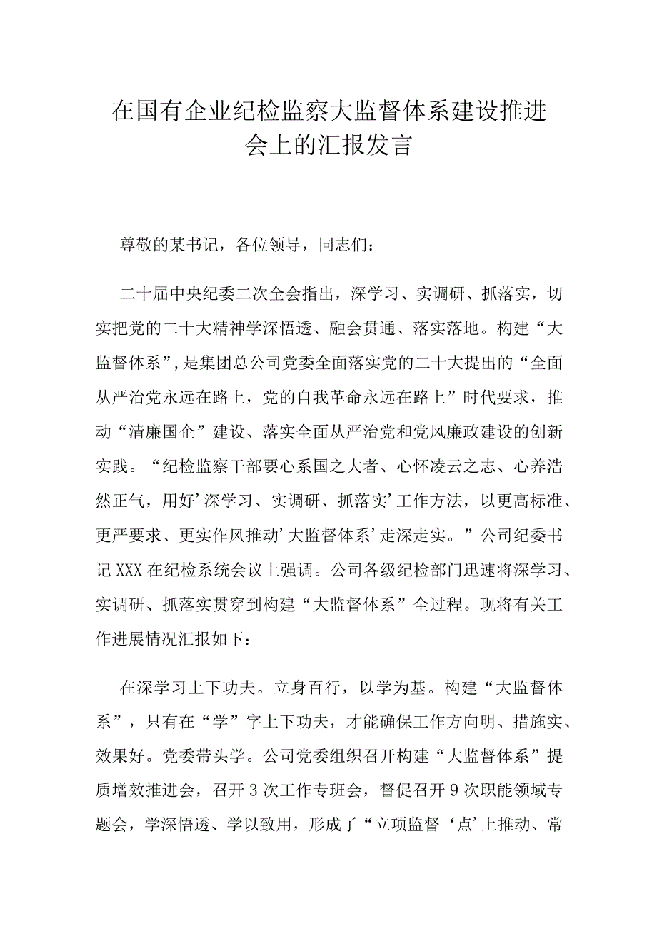 在国有企业纪检监察大监督体系建设推进会上的汇报发言.docx_第1页