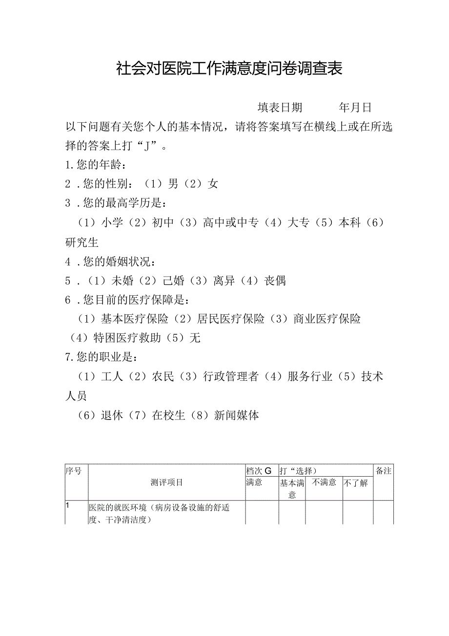 社会对医院工作满意度问卷调查表.docx_第1页