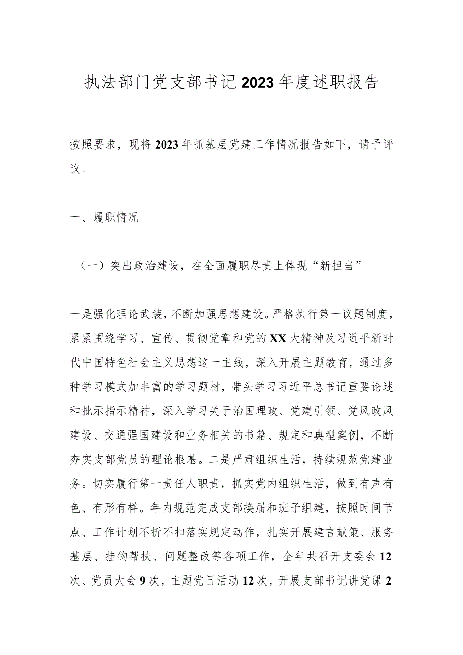 执法部门党支部书记2023年度述职报告.docx_第1页