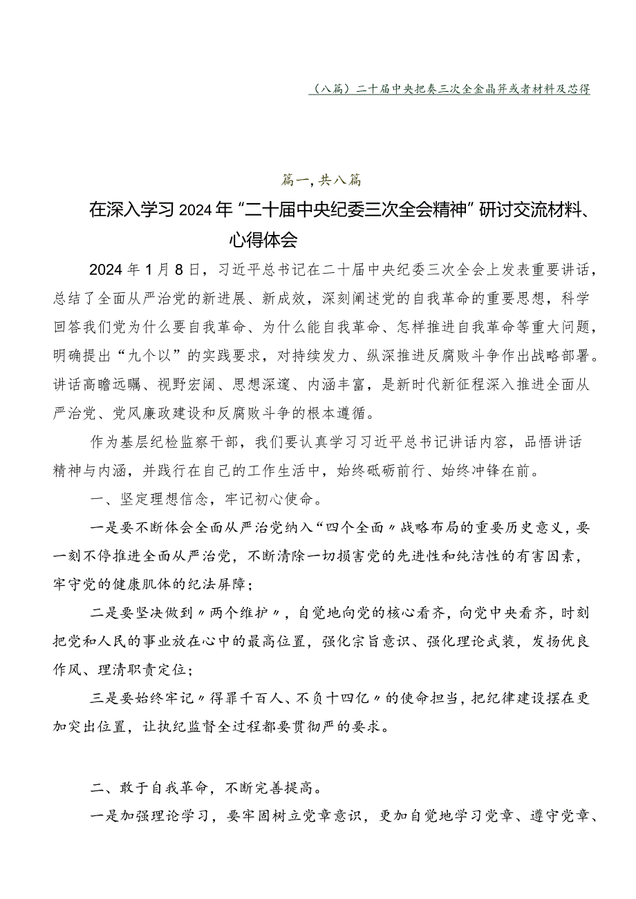 （八篇）二十届中央纪委三次全会精神发言材料及心得体会.docx_第1页