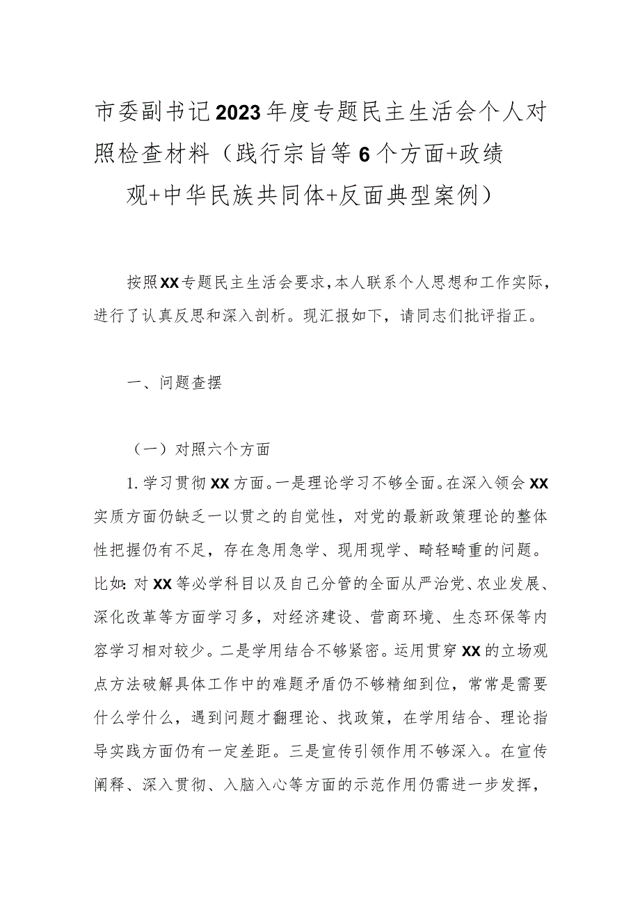 市委副书记2023年度专题民主生活会个人对照检查材料（践行宗旨等6个方面+政绩观+中华民族共同体+反面典型案例）.docx_第1页