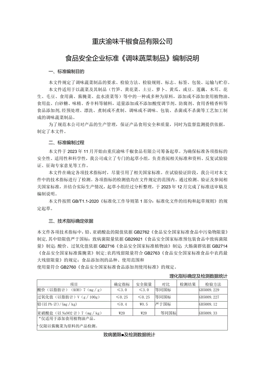 重庆渝味千椒食品有限公司食品安全企业标准《调味蔬菜制品》编制说明.docx_第1页