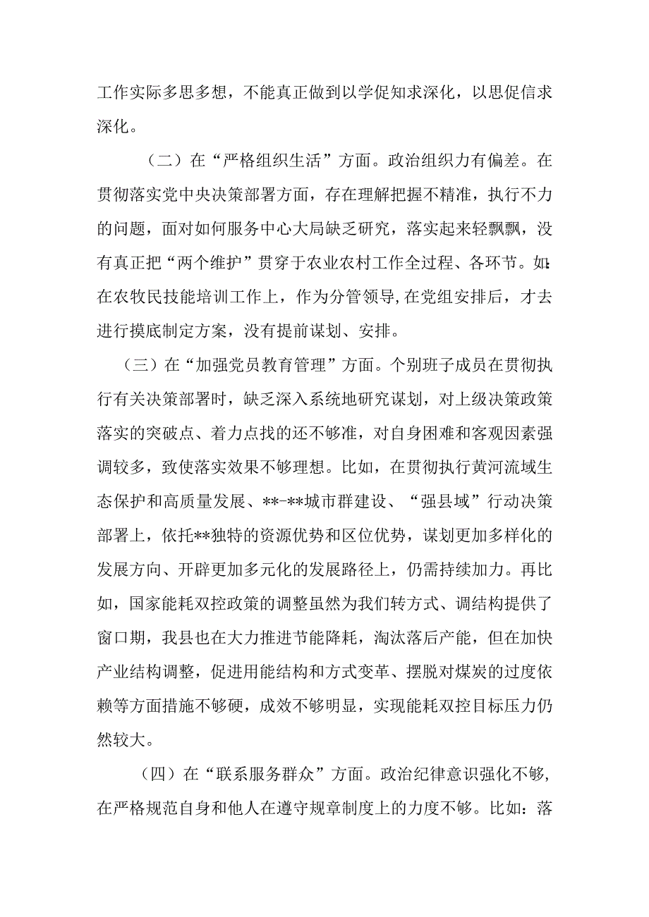 2024年在执行上级组织决定存在的问题、严格组织生活方面的不足、联系服务群众方面存在的问题、加强党员教育管理方面的缺乏等五个方面的整.docx_第2页