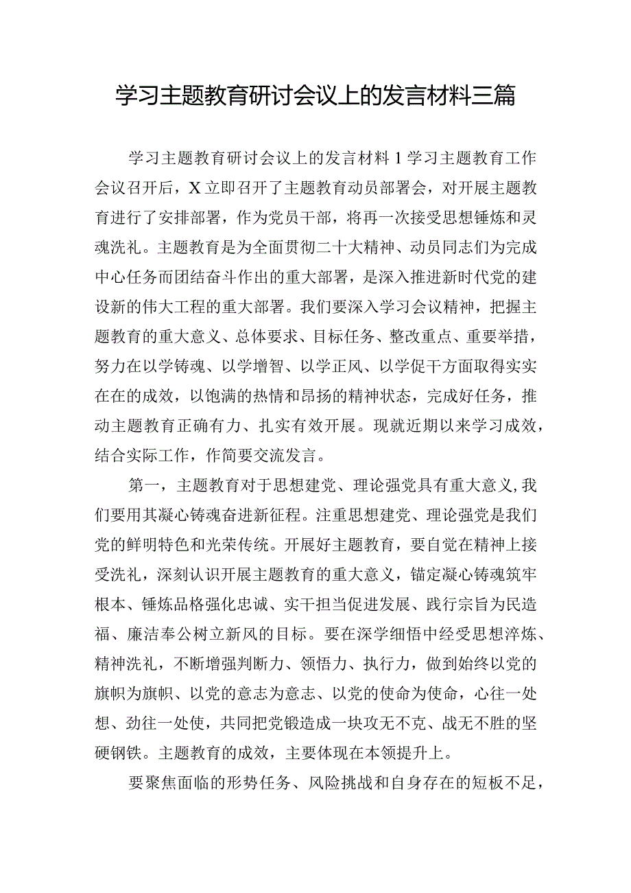 学习主题教育研讨会议上的发言材料三篇.docx_第1页