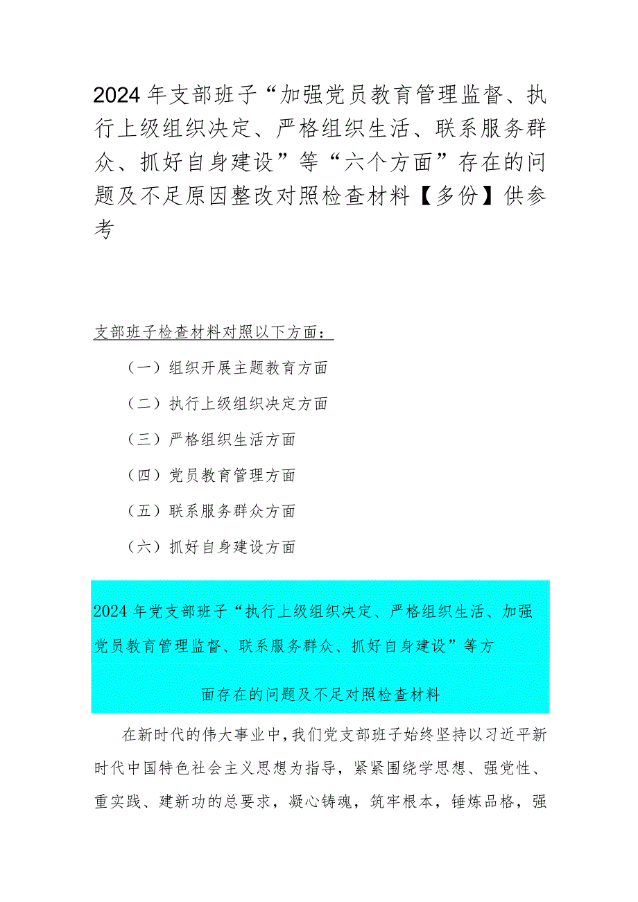 2024年支部班子“加强党员教育管理监督、执行上级组织决定、严格组织生活、联系服务群众、抓好自身建设”等“六个方面”存在的问题及不足.docx_第1页