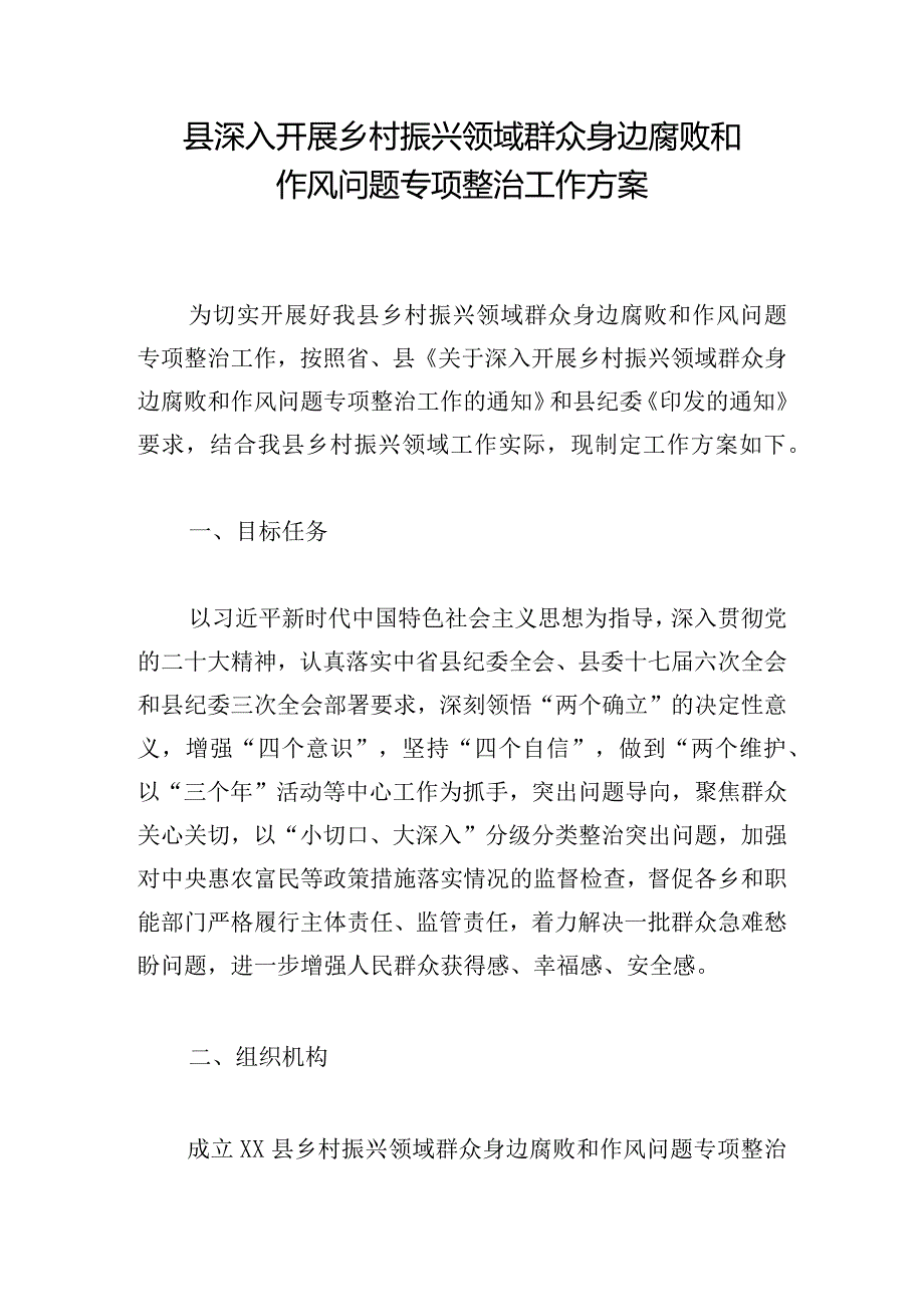 县深入开展乡村振兴领域群众身边腐败和作风问题专项整治工作方案.docx_第1页