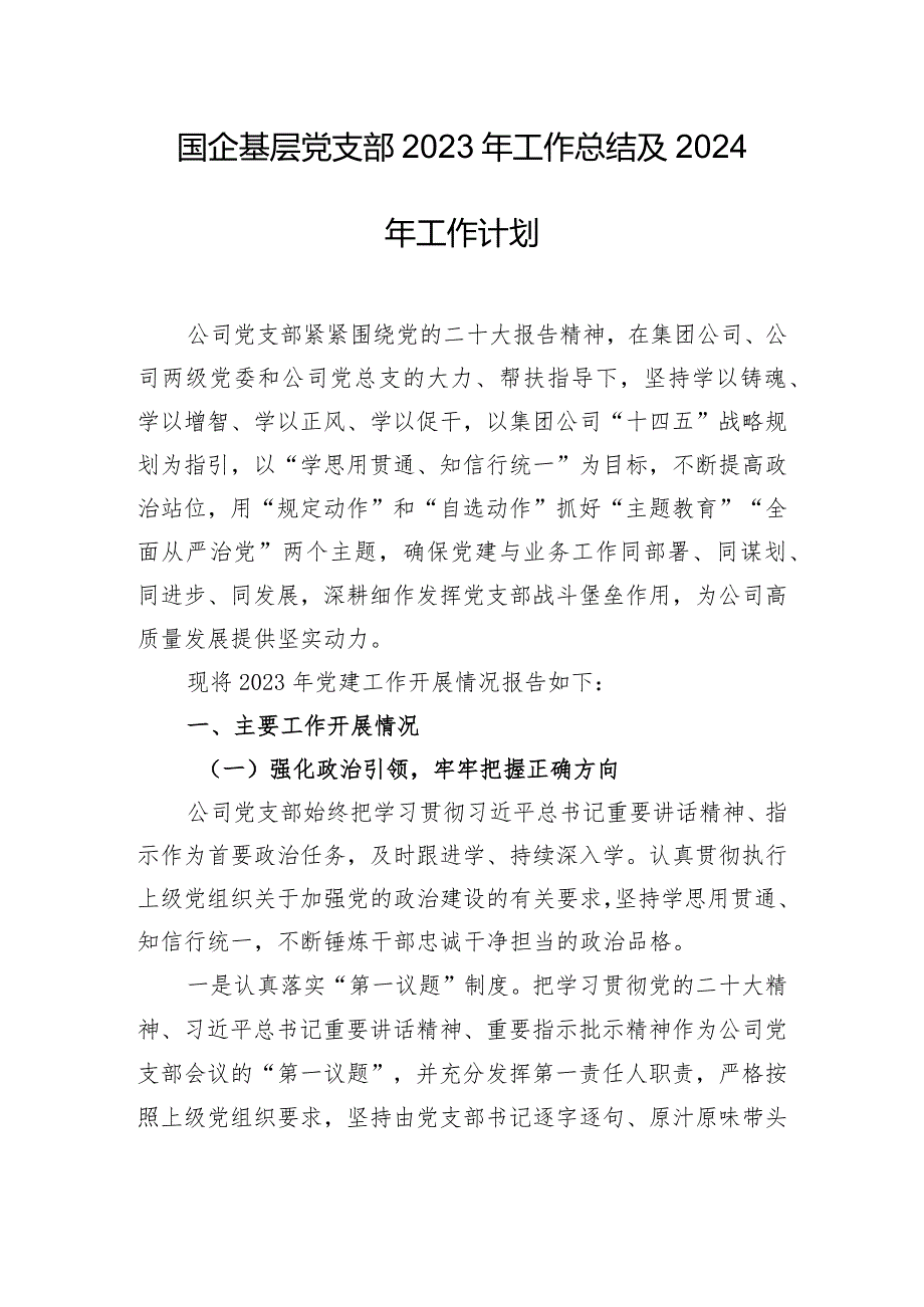 国企基层党支部2023年工作总结及2024年工作计划.docx_第1页