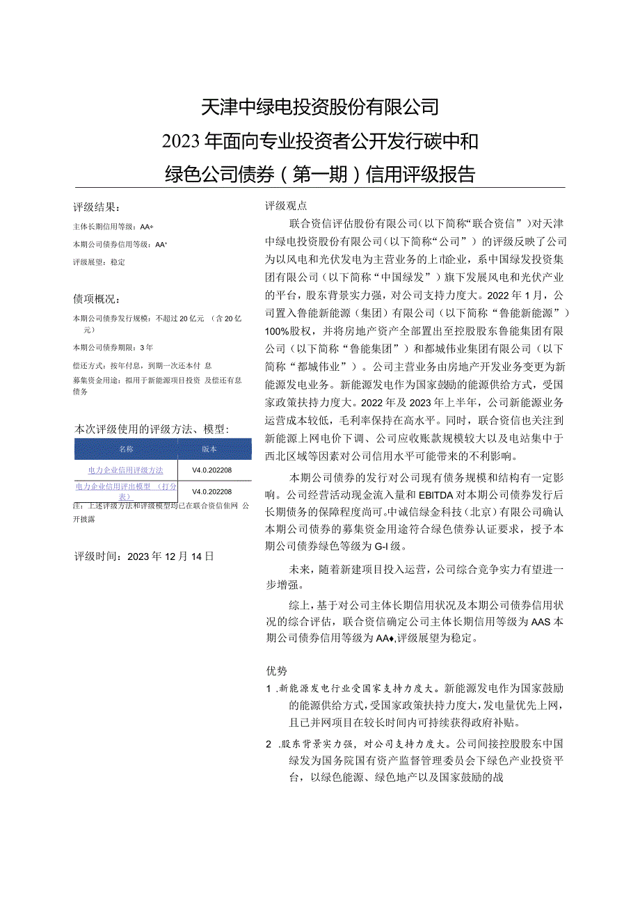 中绿电：天津中绿电投资股份有限公司2023年面向专业投资者公开发行碳中和绿色公司债券（第一期）信用评级报告.docx_第2页