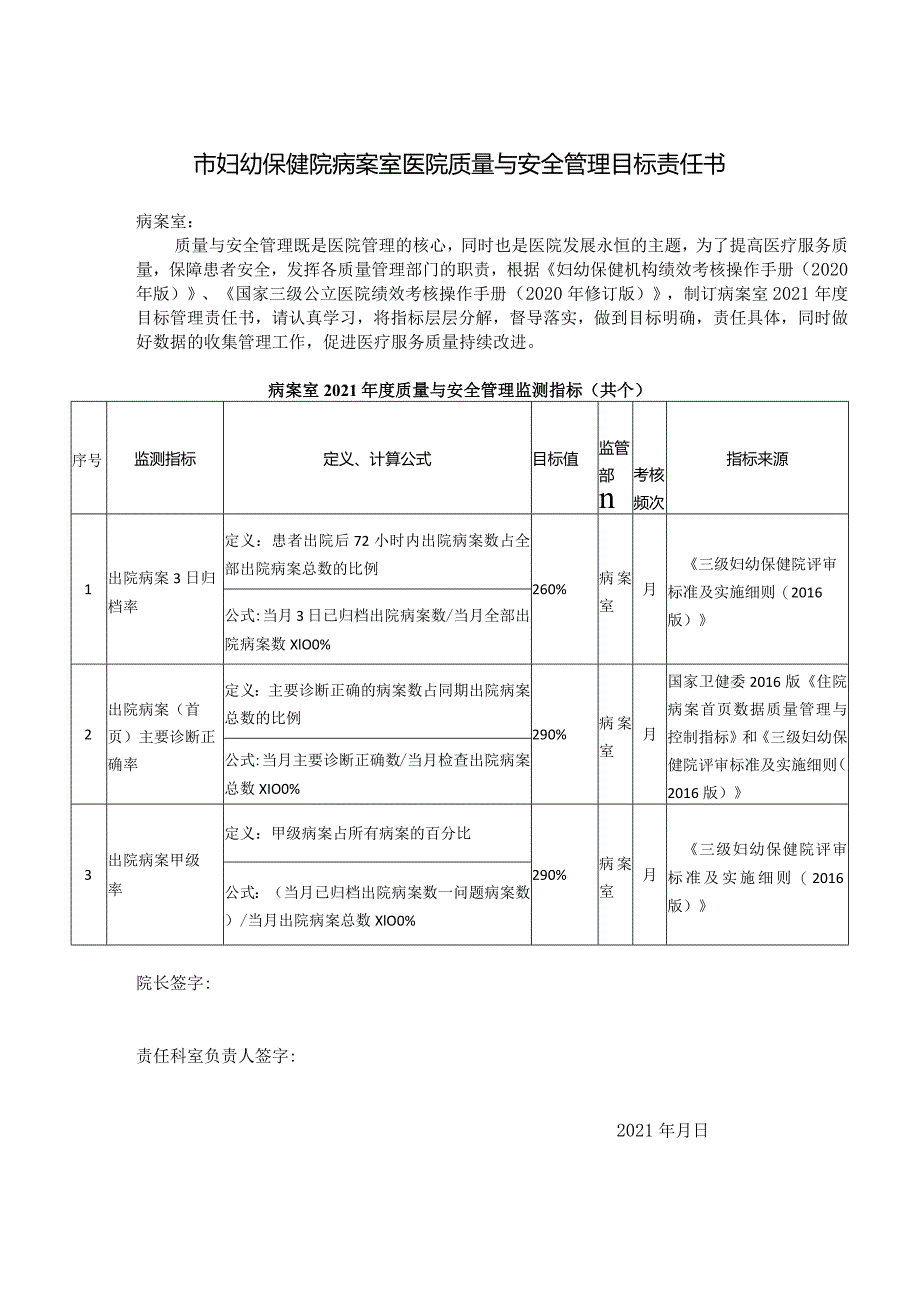 妇幼保健院病案室医院质量与安全管理目标责任书.docx_第1页