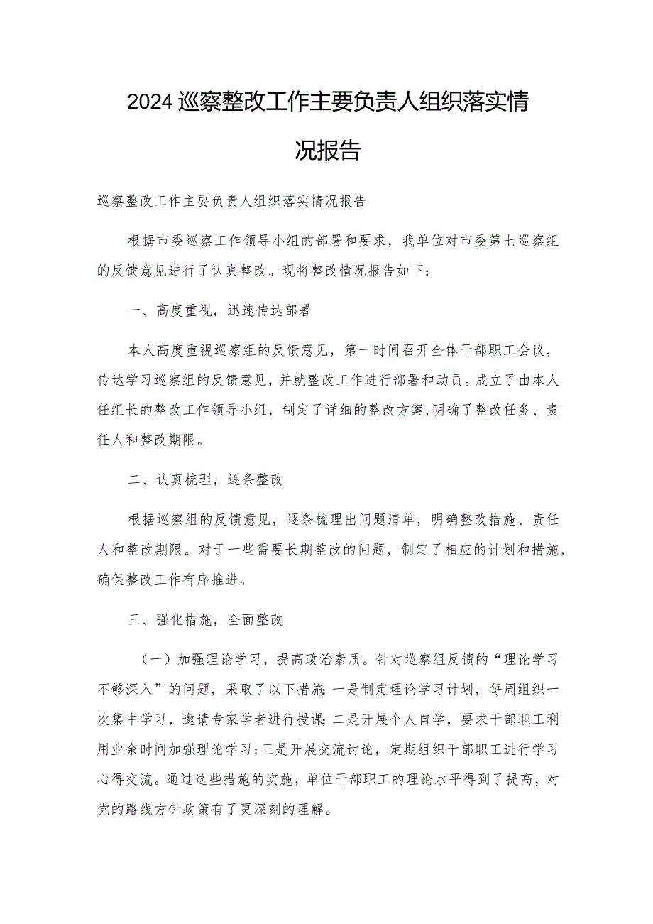 2024巡察整改工作主要负责人组织落实情况报告.docx_第1页