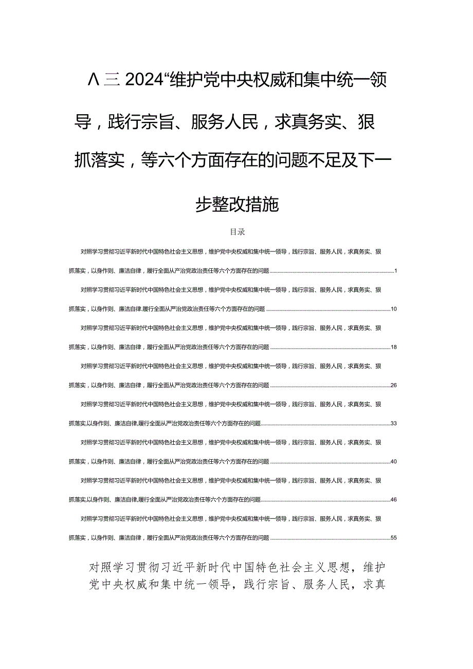 八篇2024“维护党中央权威和集中统一领导践行宗旨、服务人民求真务实、狠抓落实”等六个方面存在的问题不足及下一步整改措施.docx_第1页