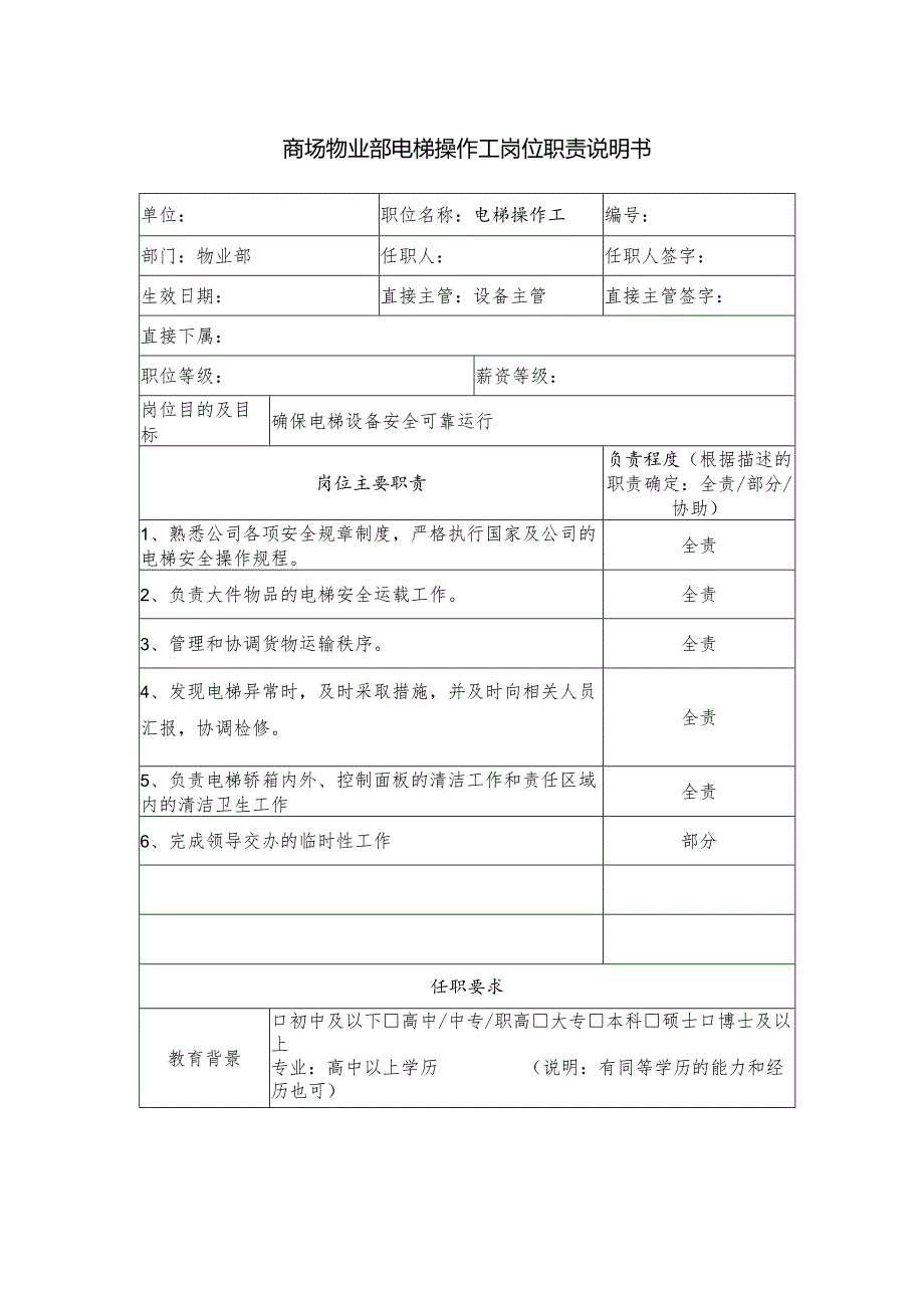 商场物业部电梯操作工岗位职责说明书.docx_第1页