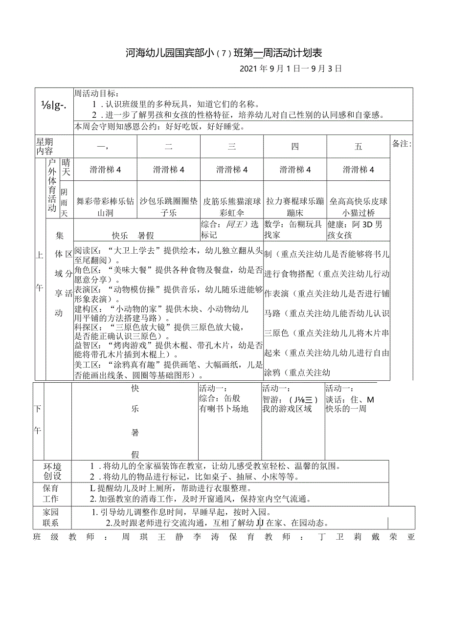 河海幼儿园国宾部小7班第一周活动计划表.docx_第1页