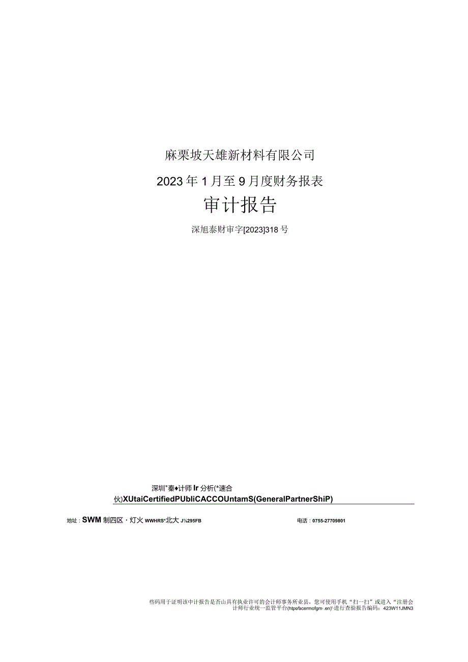 _ST三盛：麻栗坡天雄新材料有限公司2023年1月至9月度财务报表审计报告.docx_第1页