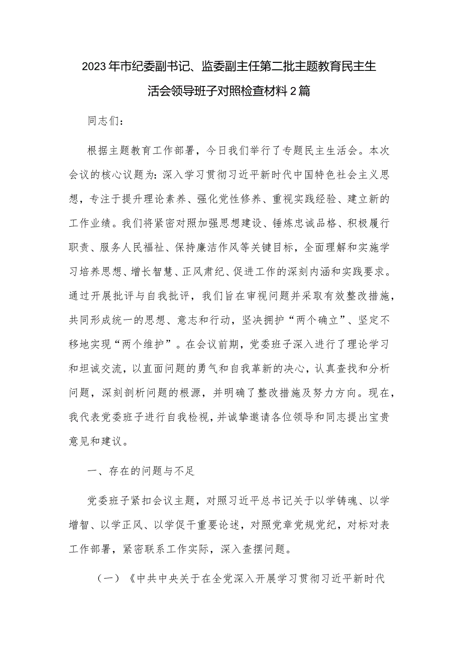 2023年市纪委副书记、监委副主任第二批主题教育民主生活会领导班子对照检查材料2篇.docx_第1页