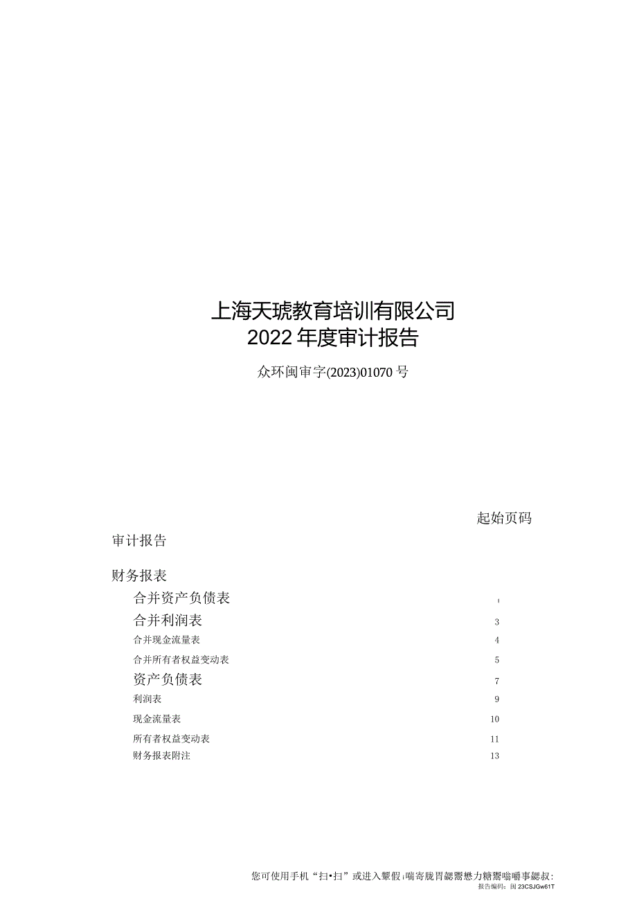 开元教育：上海天琥教育培训有限公司2022年度审计报告.docx_第1页