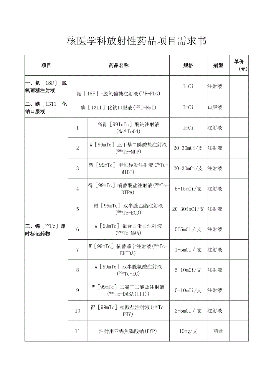 核医学科放射性药品项目需求书.docx_第1页