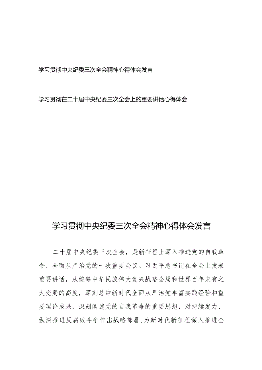 学习贯彻中央纪委三次全会精神心得体会发言、学习贯彻在二十届中央纪委三次全会上的重要讲话心得体会.docx_第1页