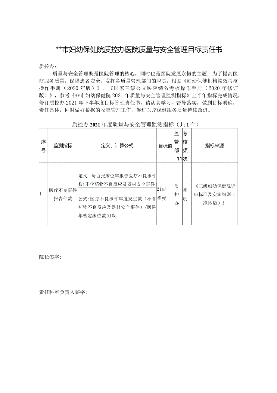 妇幼保健院质控办医院质量与安全管理目标责任书.docx_第1页