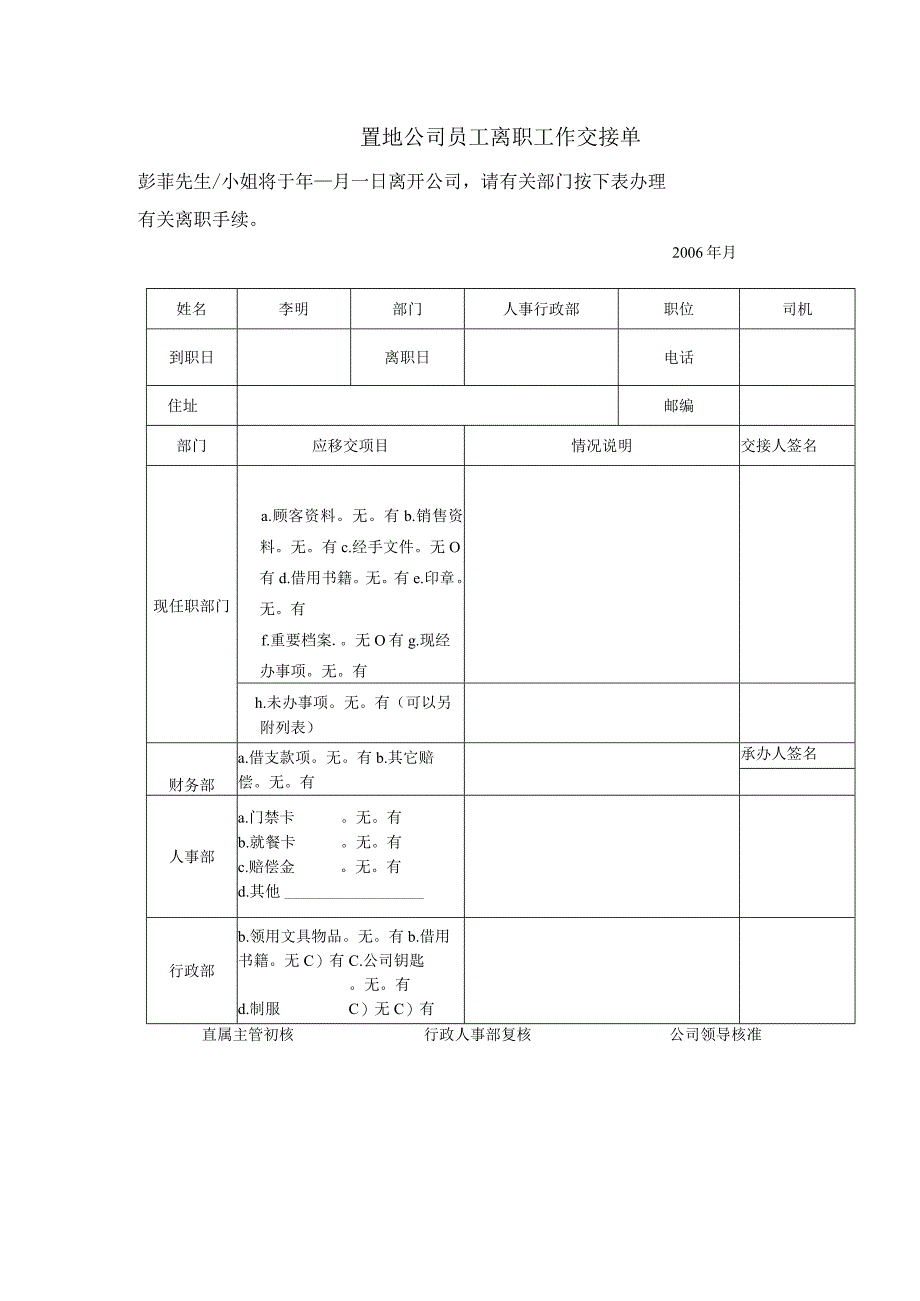 置地公司员工离职工作交接单.docx_第1页