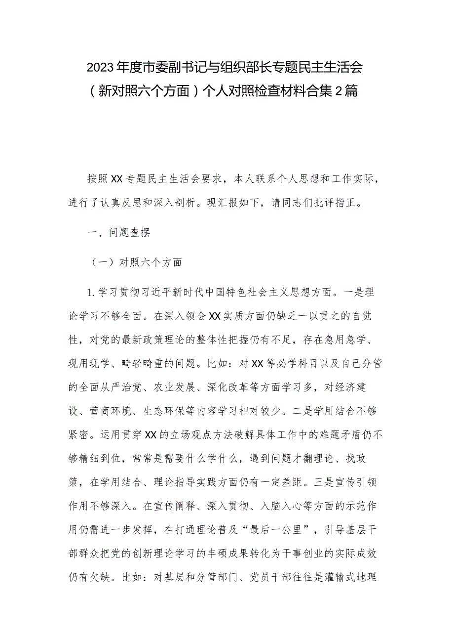 2023年度市委副书记与组织部长专题民主生活会（新对照六个方面）个人对照检查材料合集2篇.docx_第1页