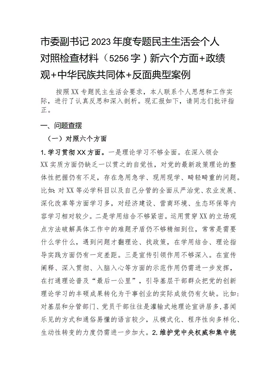 市委副书记2023年度专题民主生活会个人对照检查材料（践行宗旨等6个方面+政绩观+共同体意识+反面典型案例）.docx_第1页