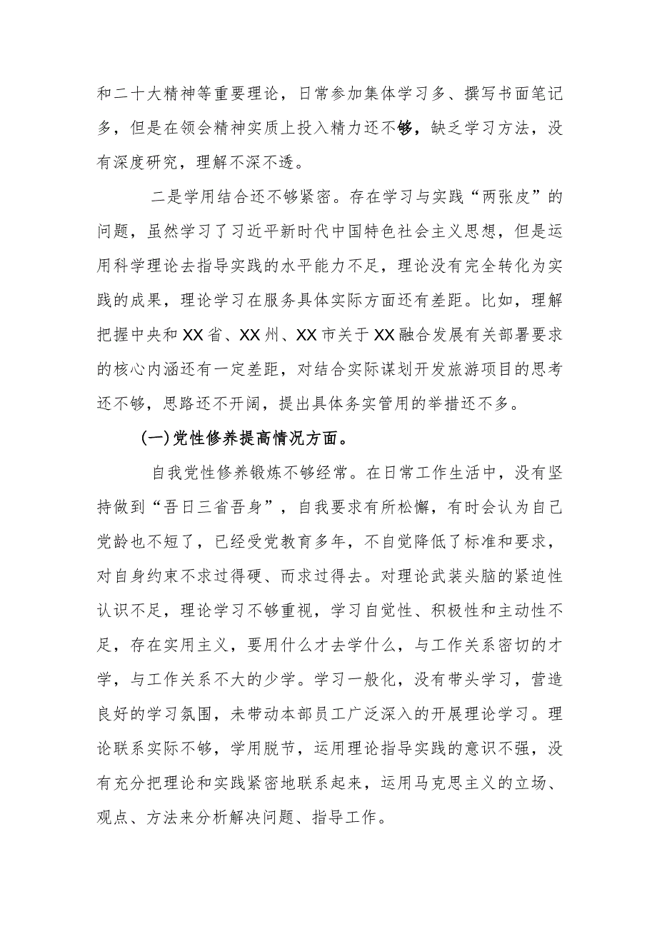 2024年度围绕“学习贯彻党的创新理论、提高党性修养、联系服务群众、发挥模范作用、在过紧日子、厉行节约反对浪费工作”等5个方面查摆自.docx_第2页