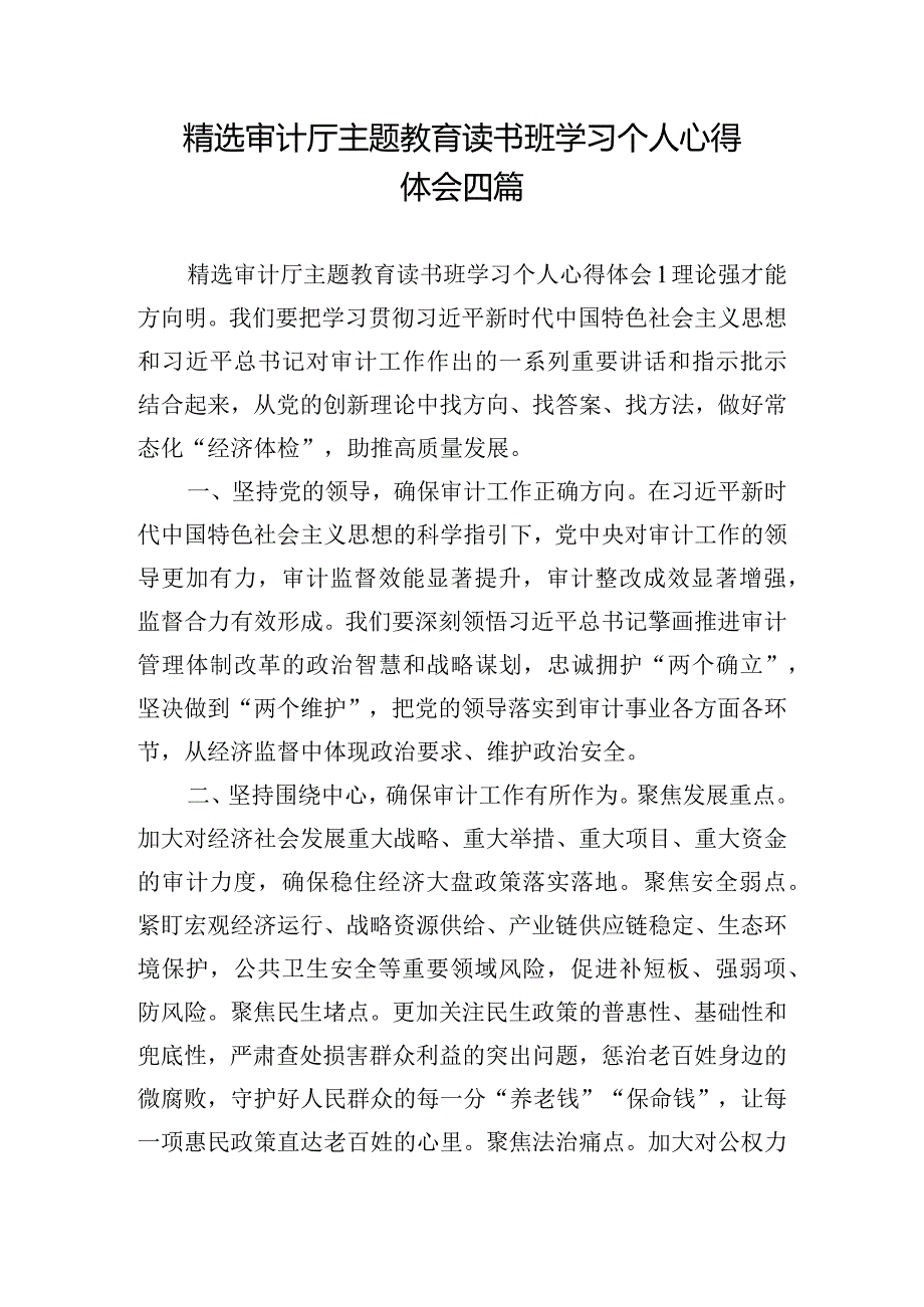 精选审计厅主题教育读书班学习个人心得体会四篇.docx_第1页