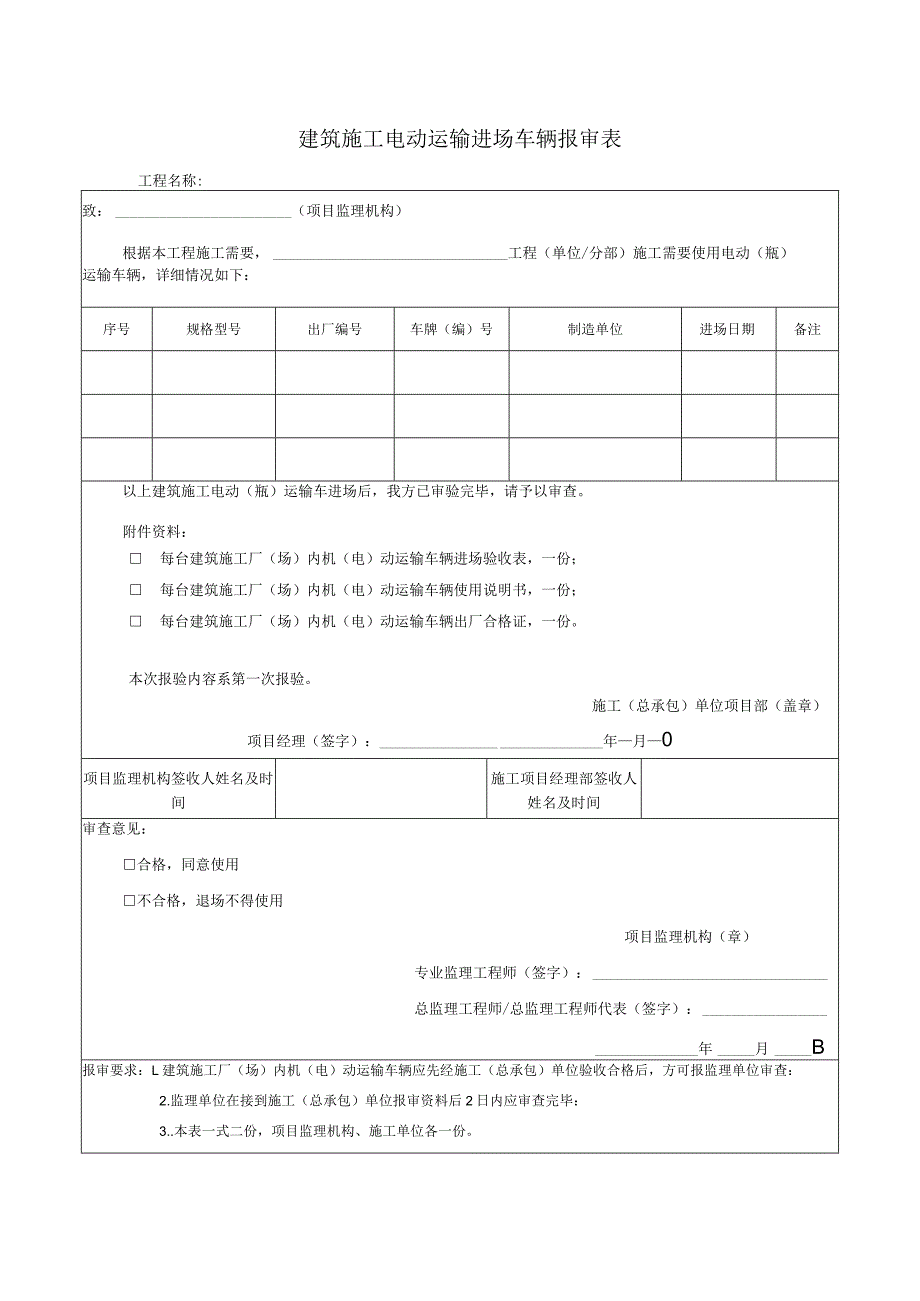 建筑施工电动运输进场车辆报审表.docx_第1页