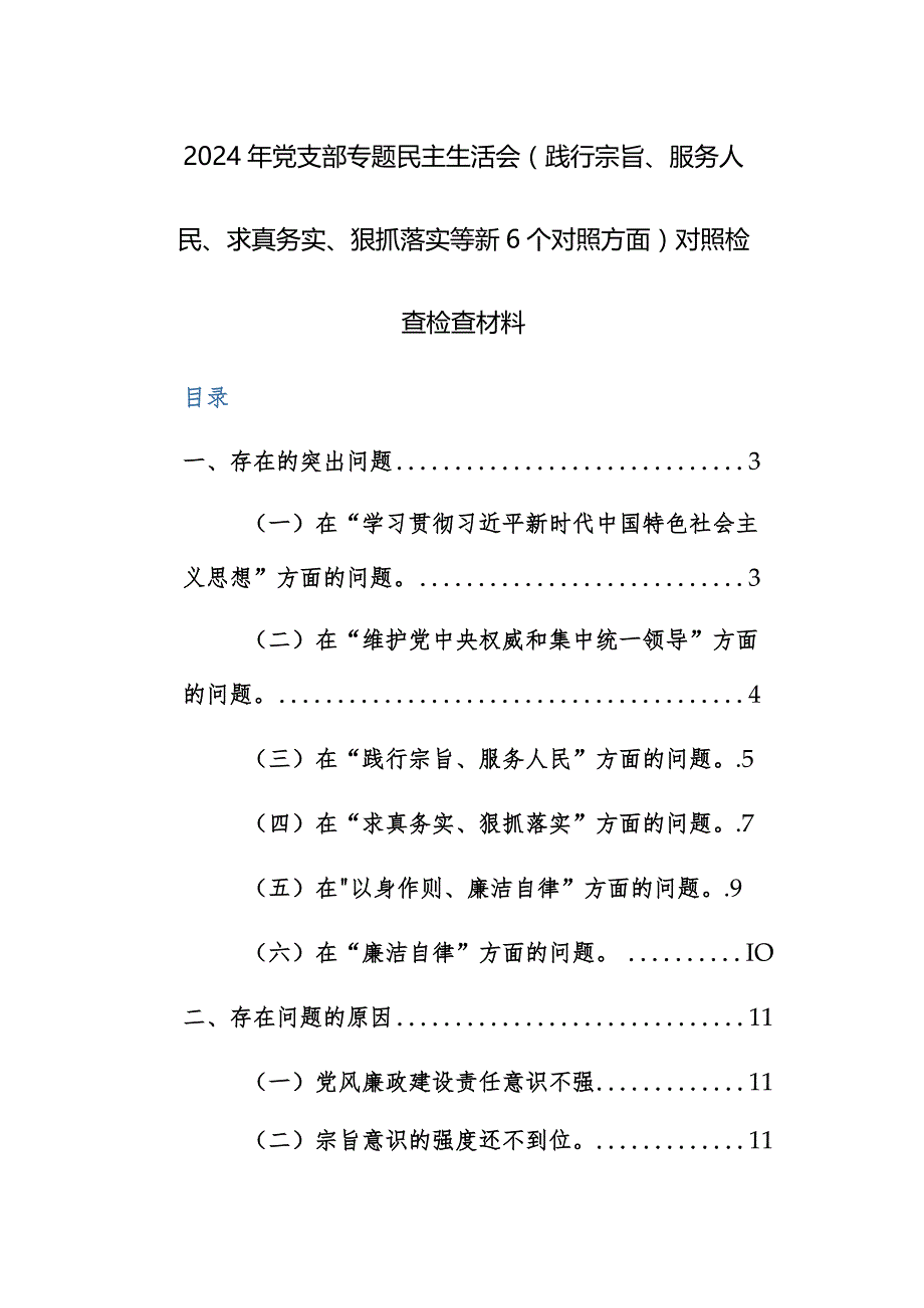 2024年党支部专题民主生活会（践行宗旨、服务人民、求真务实、狠抓落实等新6个对照方面）对照检查检查材料范文.docx_第1页