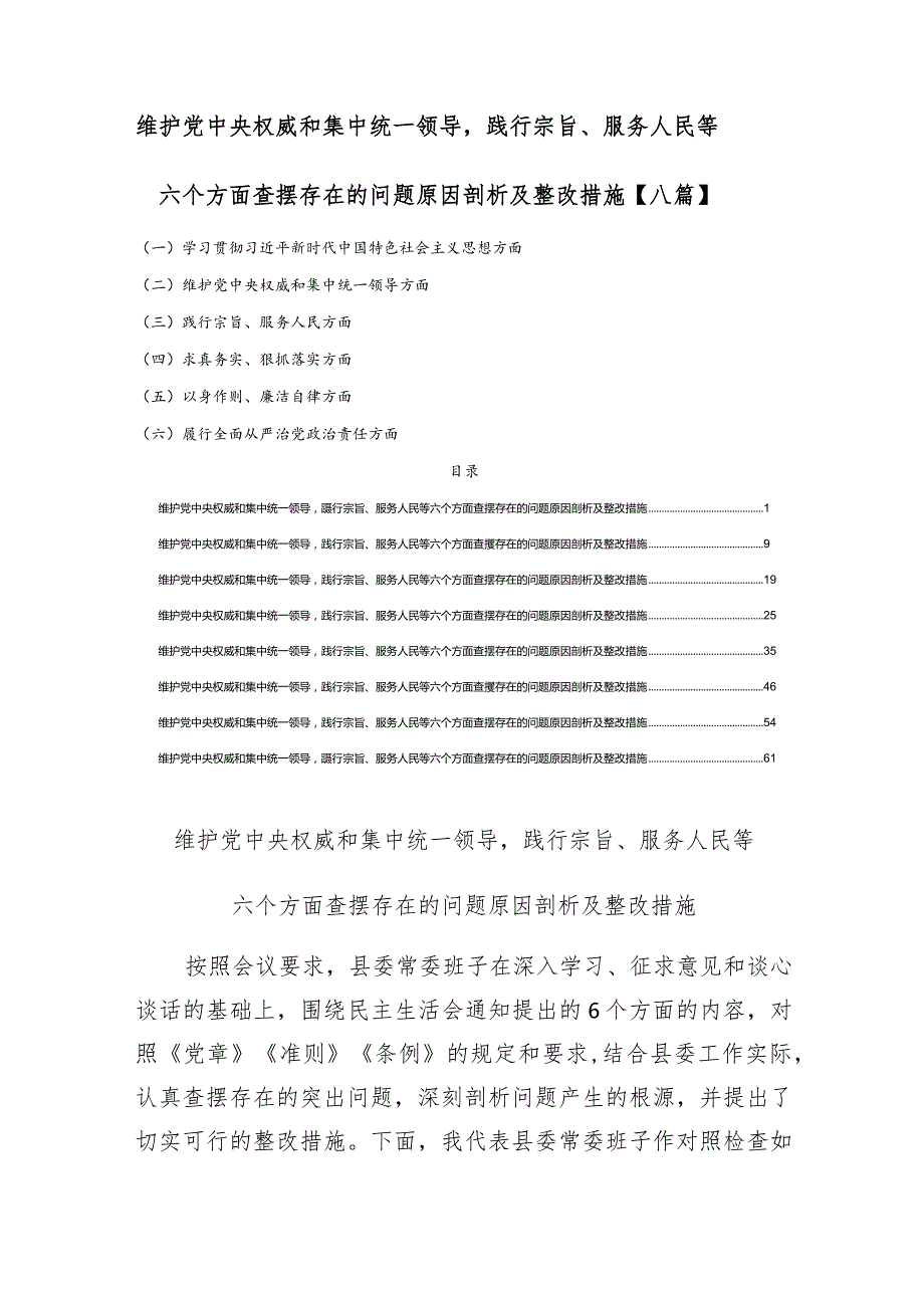 维护党中央权威和集中统一领导践行宗旨、服务人民等六个方面查摆存在的问题原因剖析及整改措施【八篇】.docx_第1页