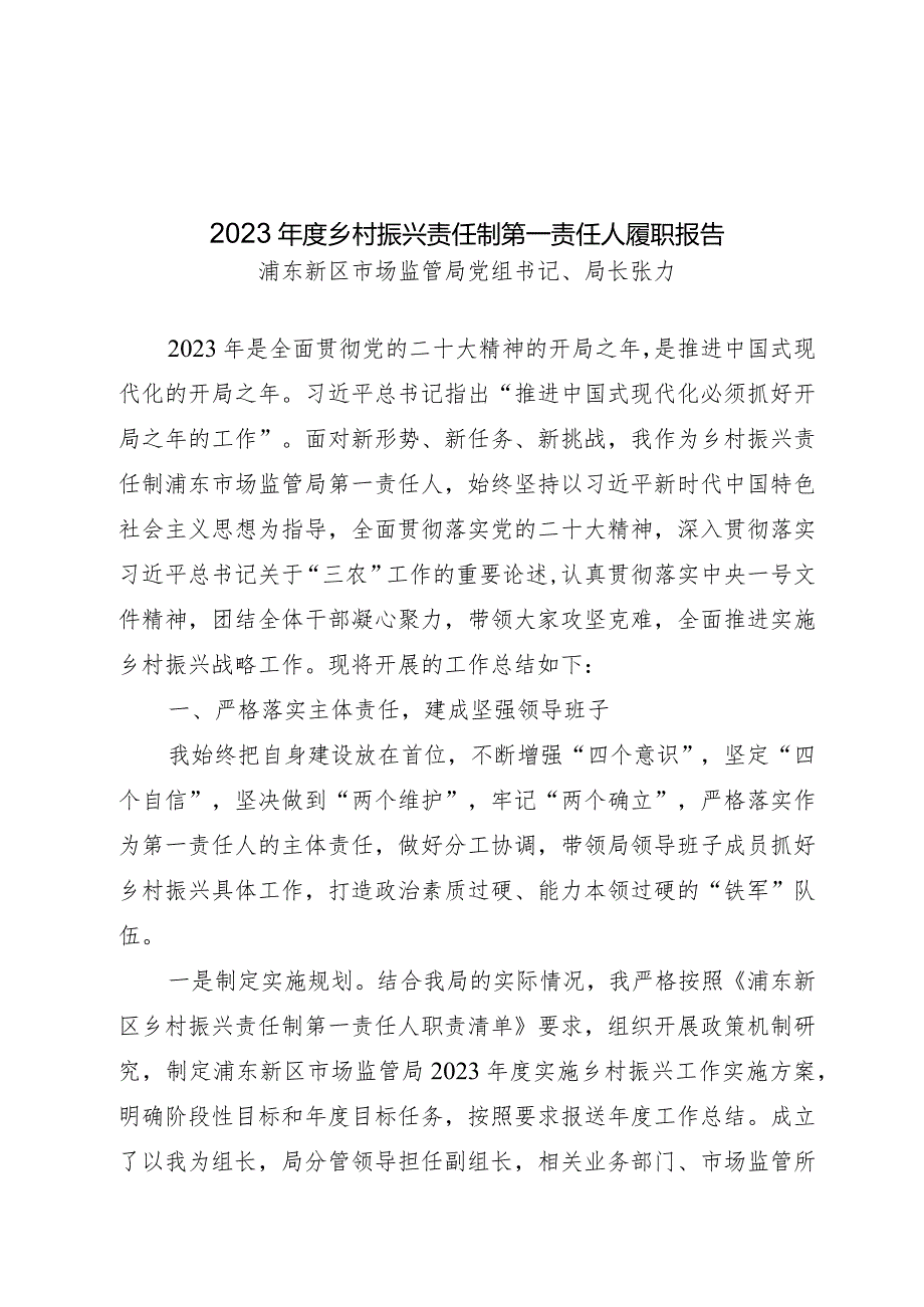 2023年度乡村振兴责任制第一责任人履职报告.docx_第1页