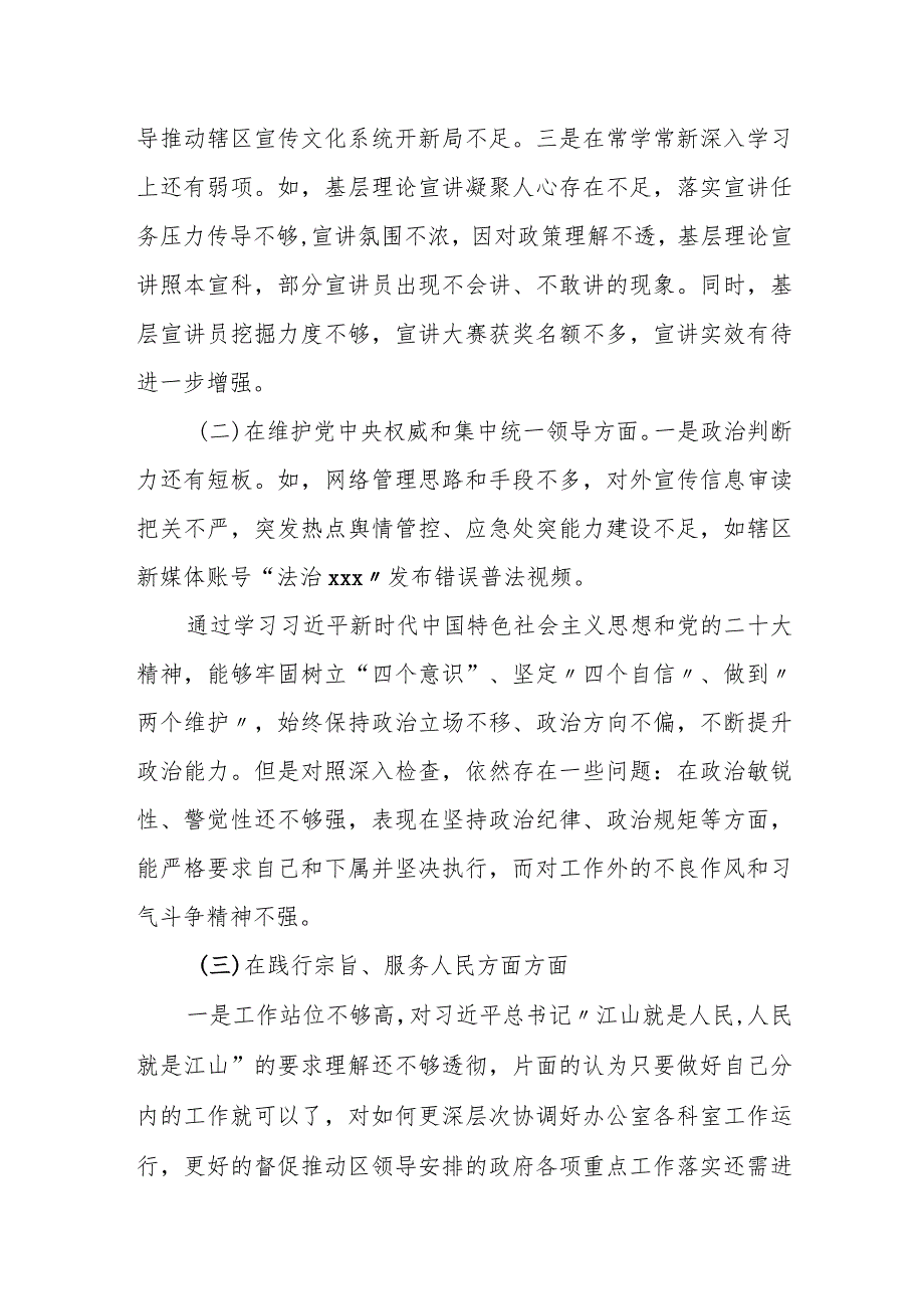 某区委宣传部长2023年度专题民主生活会个人发言提纲.docx_第2页