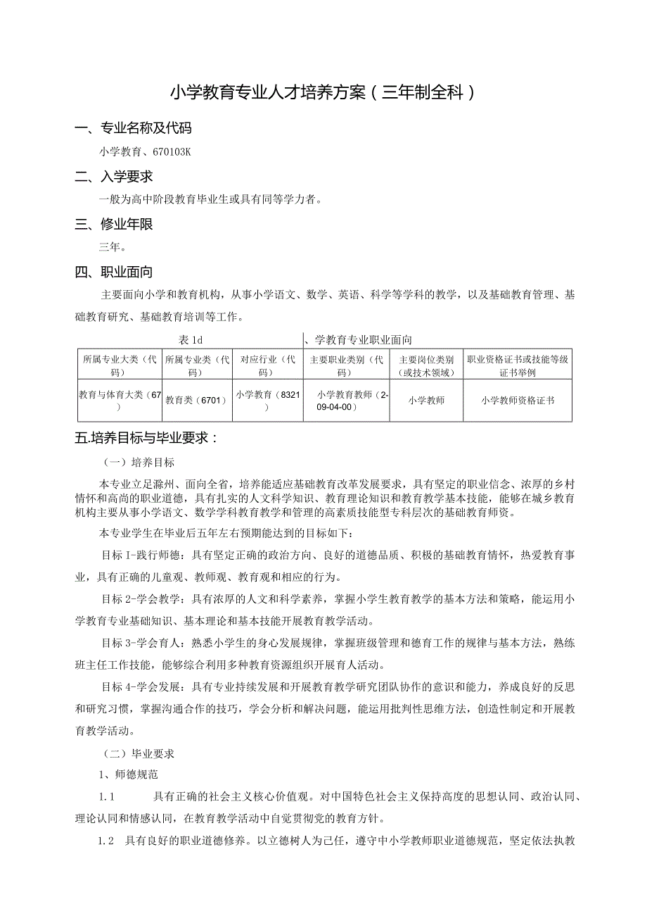 小学教育专业人才培养方案三年制全科专业名称及代码小学教育、670103K入学要求.docx_第1页