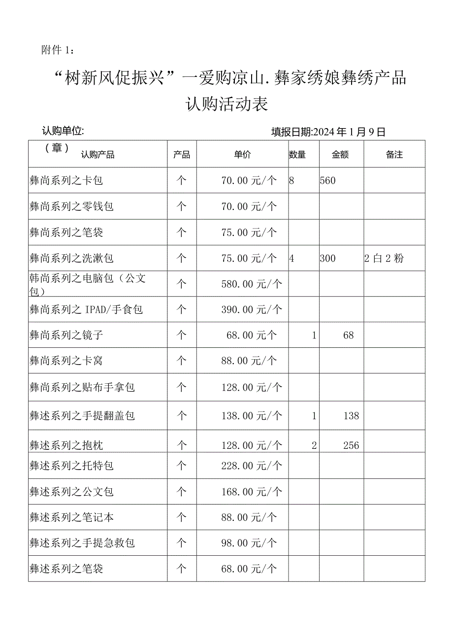 “树新风促振兴”一爱购凉山.彝家绣娘彝绣产品认购活动表 附件一模板.docx_第1页