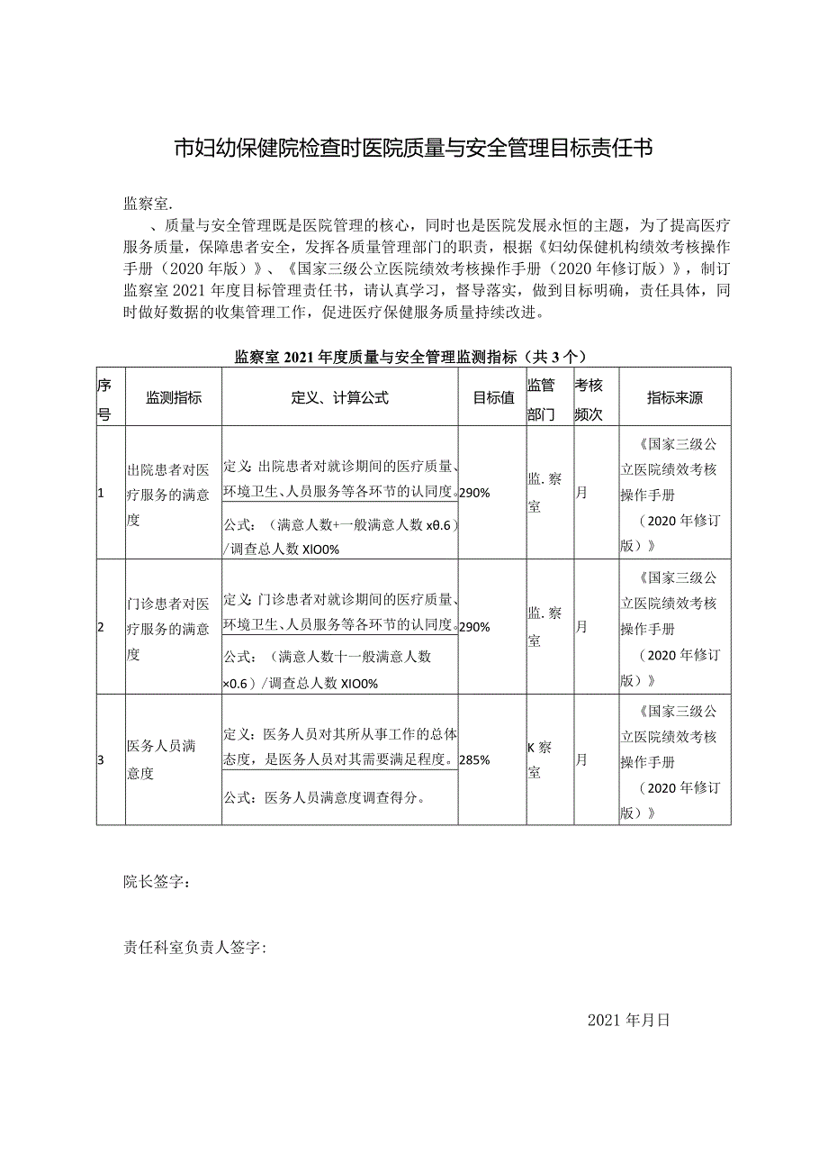 妇幼保健院检查时医院质量与安全管理目标责任书.docx_第1页