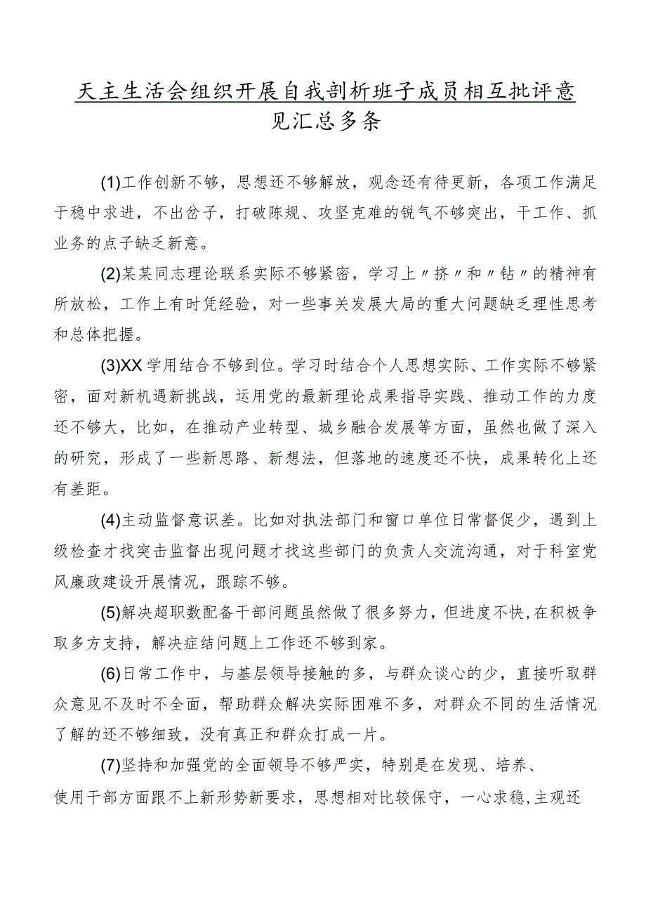 民主生活会组织开展自我剖析班子成员相互批评意见汇总多条.docx_第1页