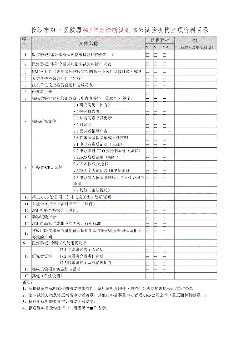 长沙市第三医院器械体外诊断试剂临床试验机构立项资料目录.docx_第1页