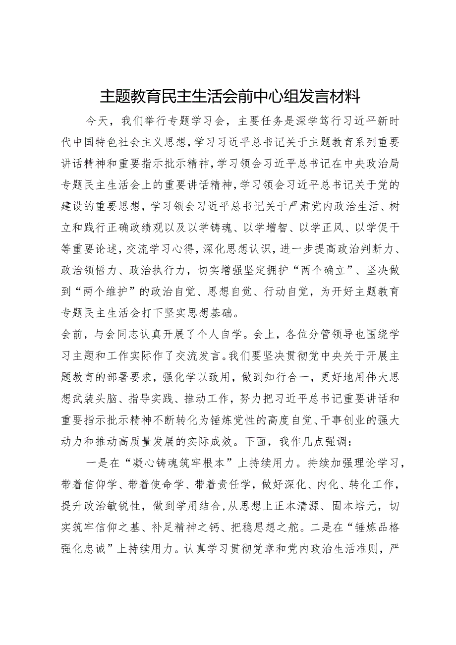 主题教育民主生活会前中心组发言材料.docx_第1页