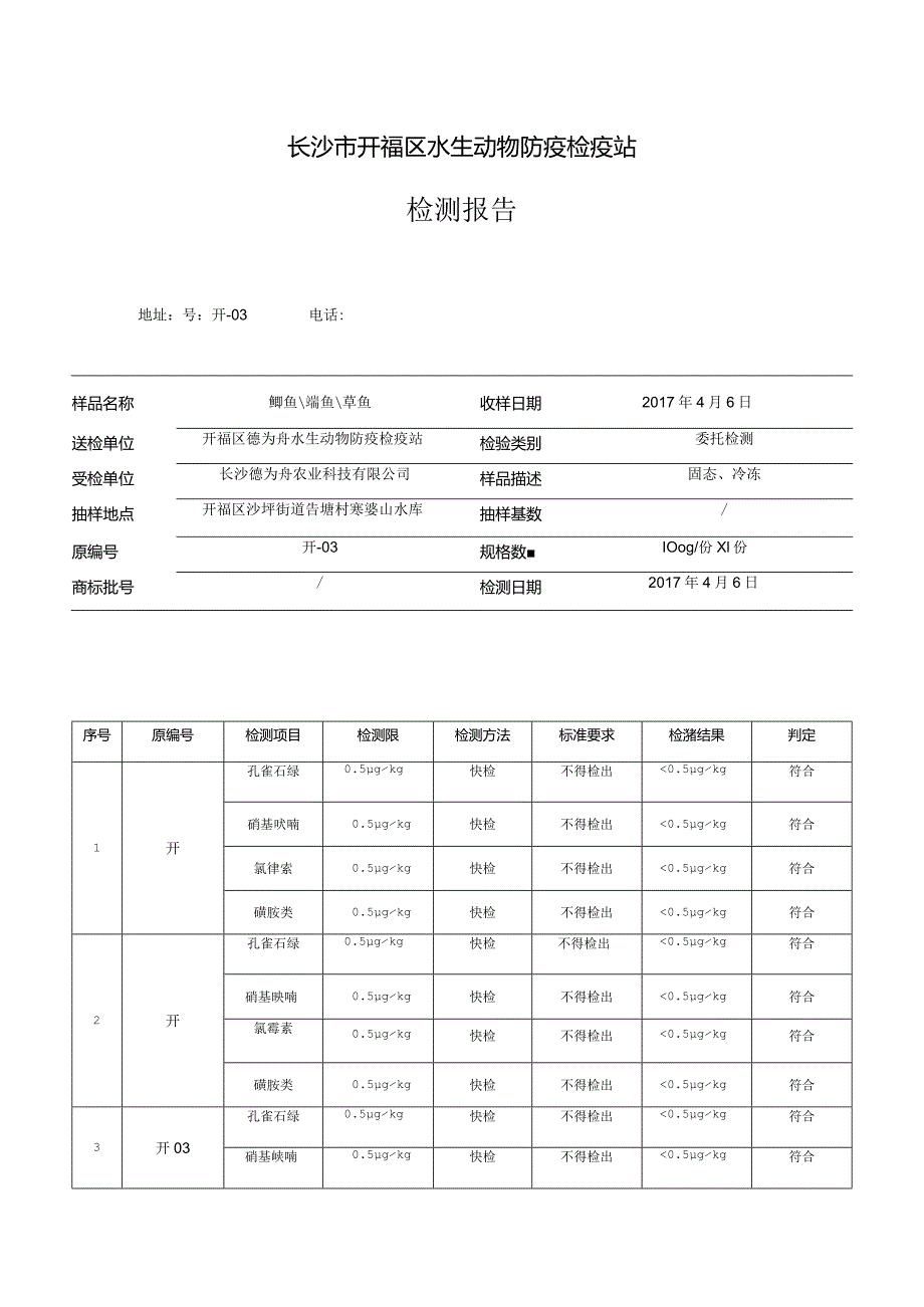 长沙市开福区水生动物防疫检疫站检测报告.docx_第1页