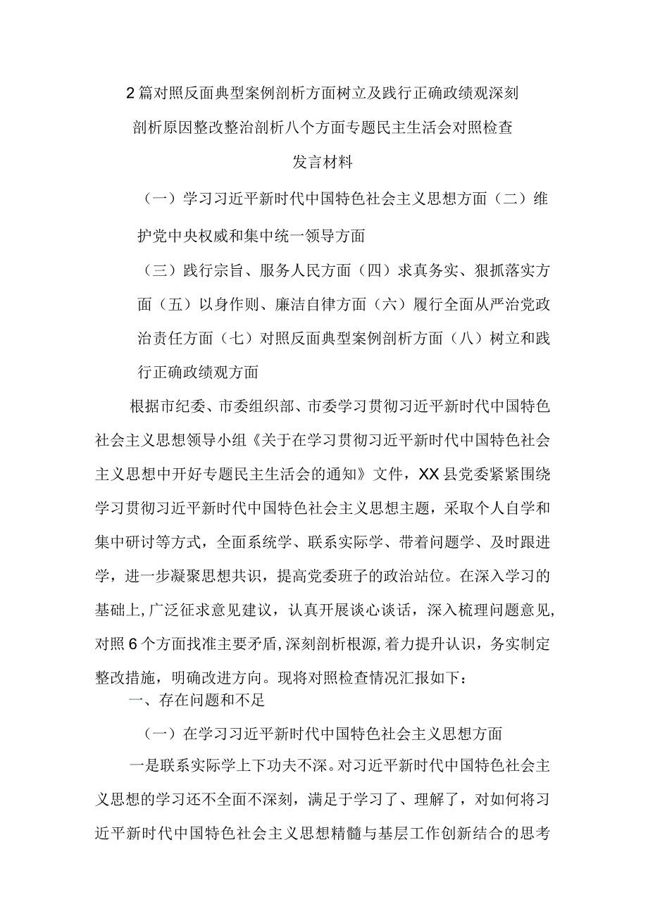 2篇对照反面典型案例剖析方面树立及践行正确政绩观深刻剖析原因整改整治剖析八个方面专题民主生活会对照检查发言材料.docx_第1页