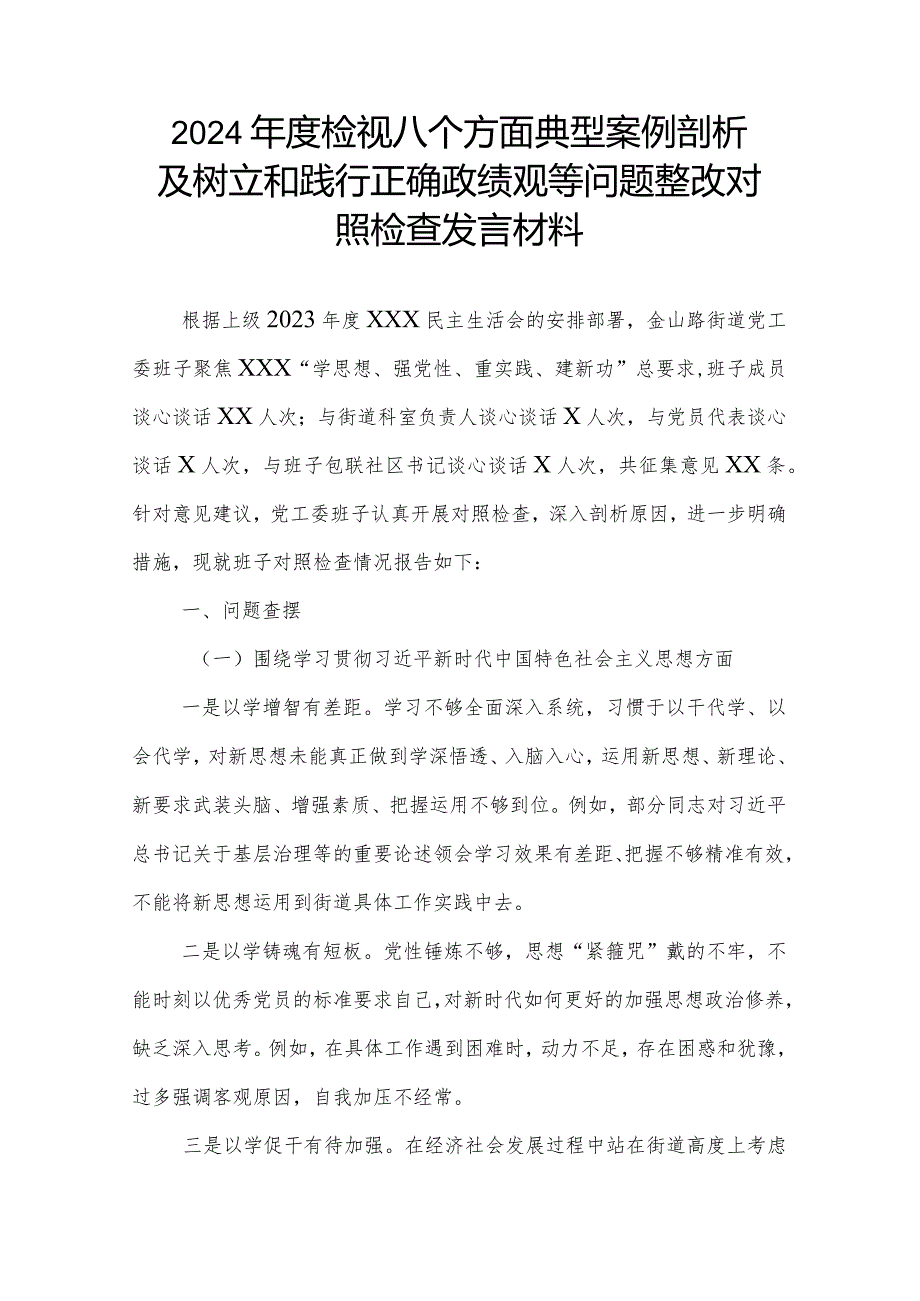 2024年度检视八个方面典型案例剖析及树立和践行正确政绩观等问题整改对照检查发言材料.docx_第1页