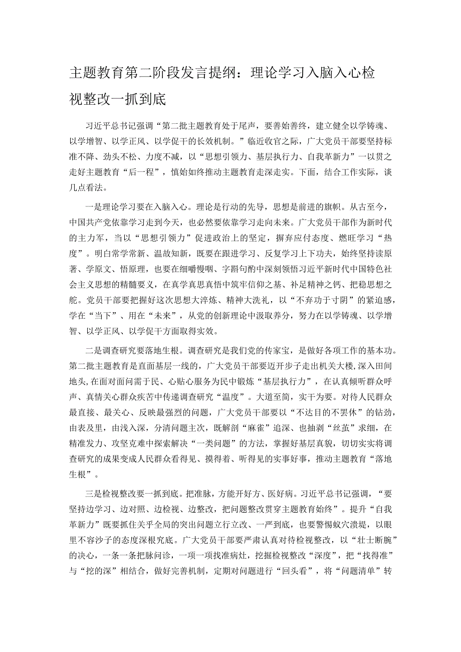 主题教育第二阶段发言提纲：理论学习入脑入心检视整改一抓到底.docx_第1页